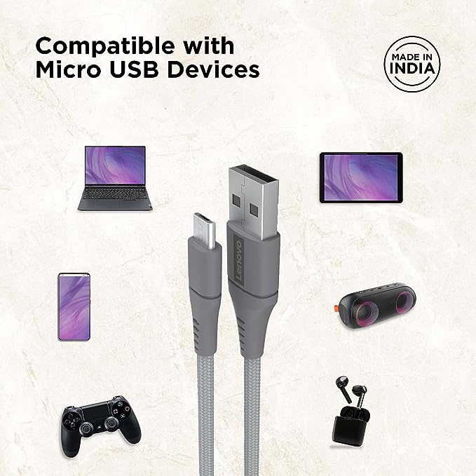 Lenovo Micro USB Tangle-free Aramid fiber braided 1m cable with 4A charging & 480 MBPS data transmission, certified 10000+ bend lifespan, Metallic Grey Lenovo Micro USB Tangle-free Aramid fiber braided 1m cable with 4A charging & 480 MBPS data transmission, certified 10000+ bend lifespan, Metallic Grey